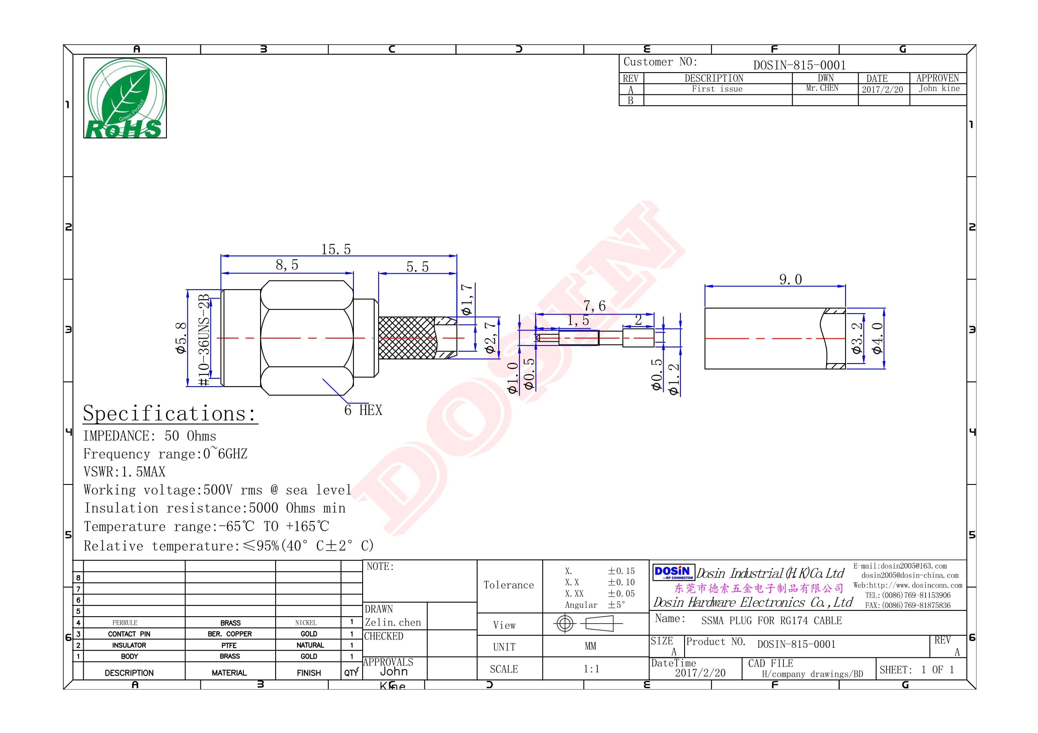 SSMA直式插頭180度公頭接線壓接