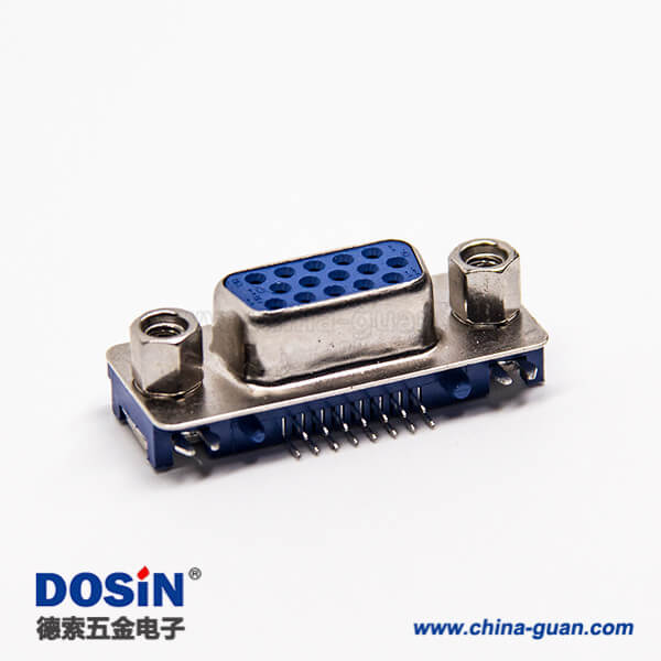 21 d-sub 15芯母頭彎式穿孔接PCB板藍色膠芯帶鉚鎖