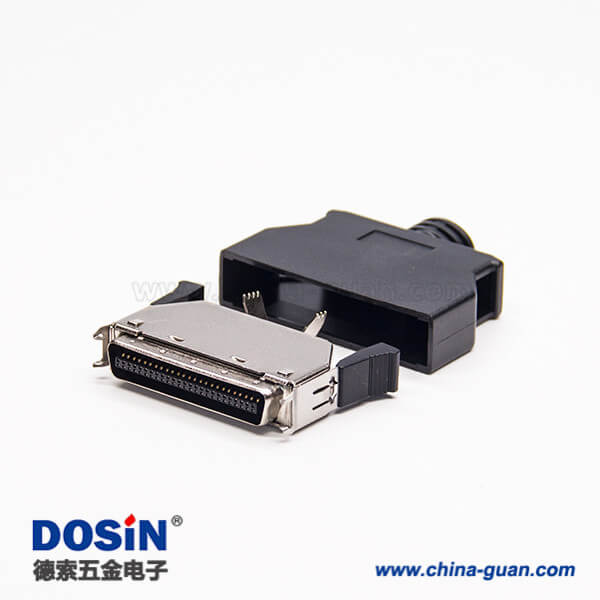 6 50pin按鍵式SCSI連接器黑色外殼直式180度按鍵式接線焊接