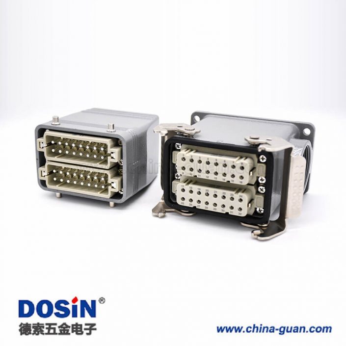重載矩形連接器32芯公母對接加高型表面安裝高結構頂出口鐵扣H32A外殼PG29 重載矩形連接器32芯公母對接加高型表面安裝高結構頂出口鐵扣H32A外殼PG29