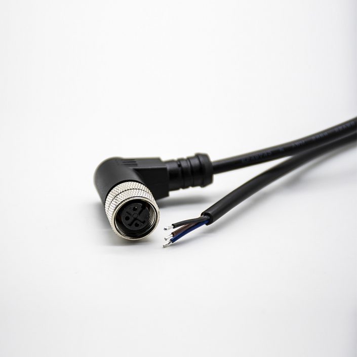 M12連接器航空插頭3芯母頭彎式單邊線束注塑線2M不帶屏蔽A扣