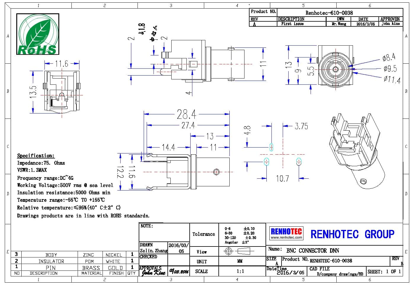 bnc射頻連接器 直式同軸母頭 PCB板端