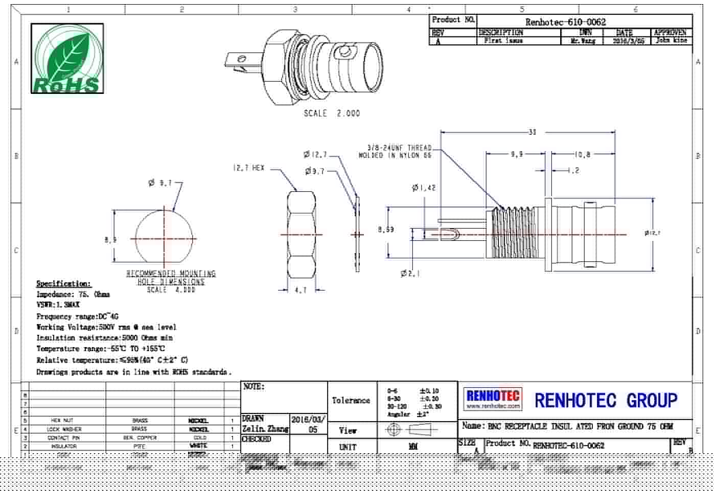 直式穿墻鋅合金BNC射頻同軸連接器母頭