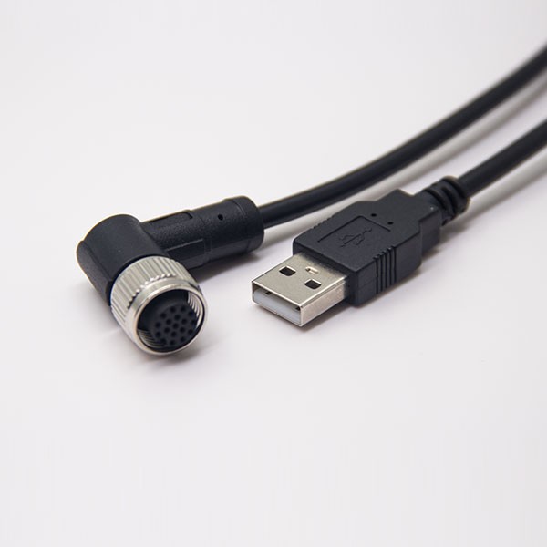 m12母頭彎式17芯工業防水A編碼插頭轉USB2.0直式公頭不帶屏蔽1M AWG26