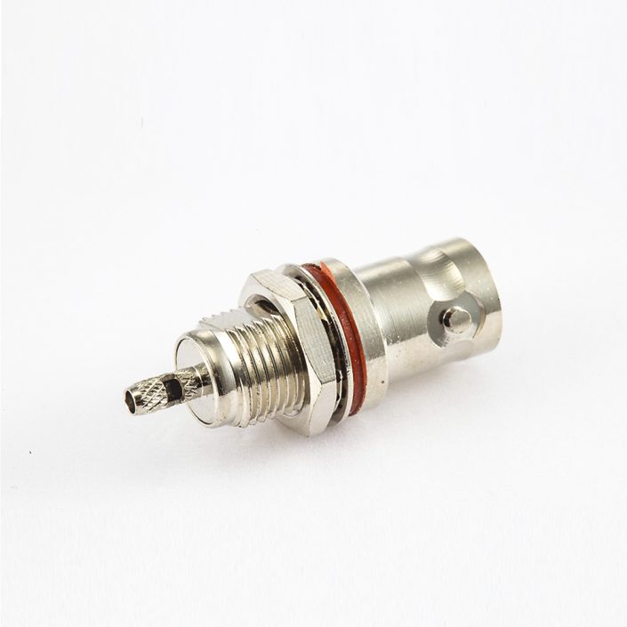 EB-001-0447 RG178用螺母的防水接線BNC連接器母頭180度后鎖穿墻開天窗式壓接