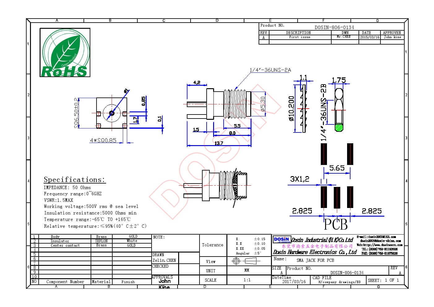 sma系列射頻連接器反極式母頭公頭針直式邊緣卡板接PCB板