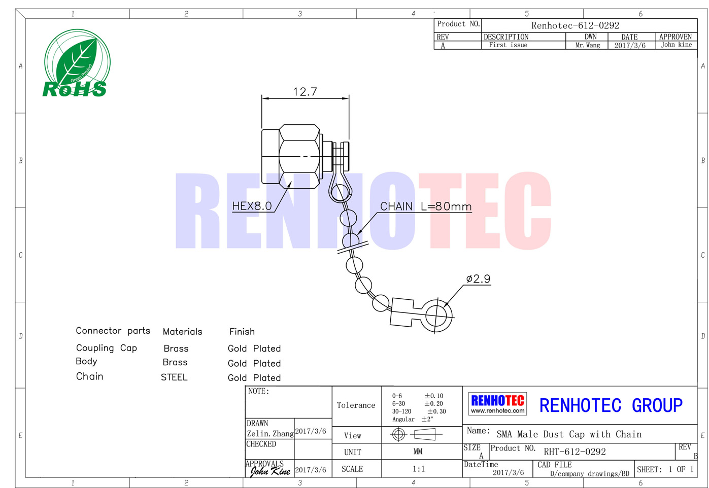 SMA公頭鍍金防塵蓋帶鋼鏈