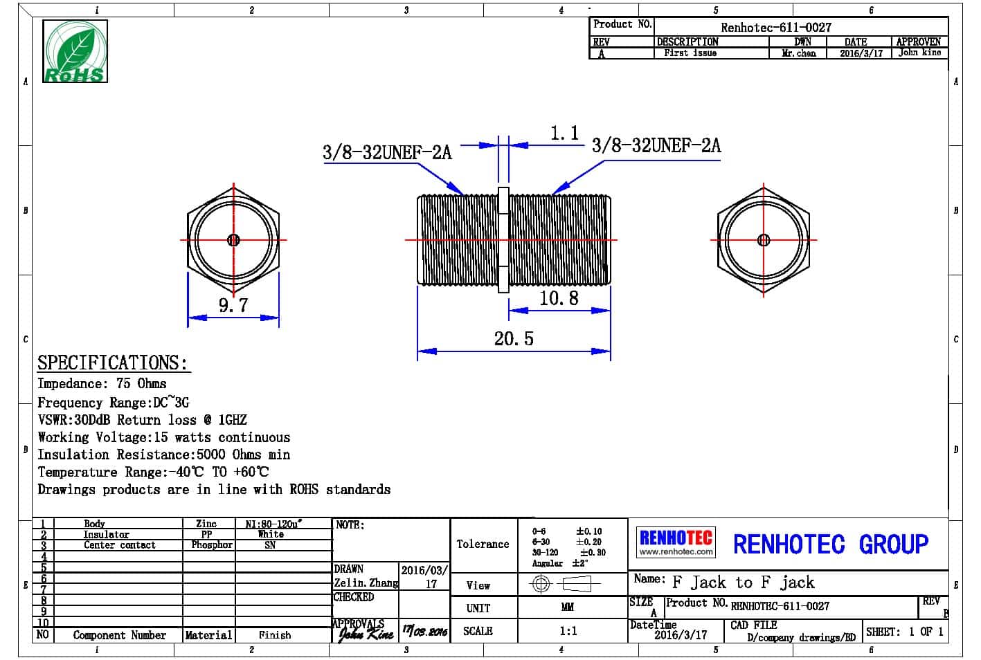 視頻f頭連接器母頭轉接F頭母頭