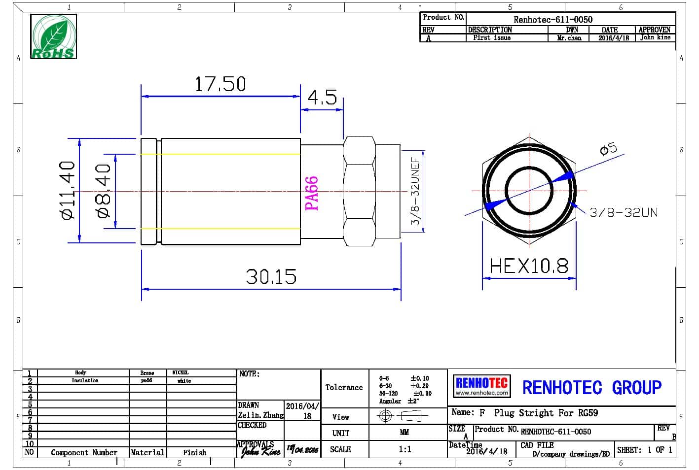 EB-003-0050-tz F型轉接頭直式母頭轉F頭母頭
