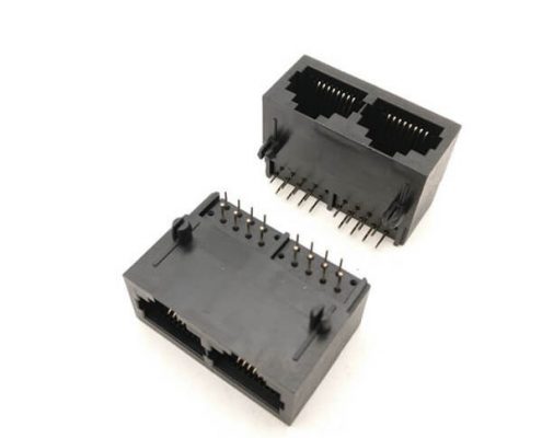 RJ45網絡連接器水晶頭母座8P8C非屏蔽1X2雙連體全塑黑色不帶燈