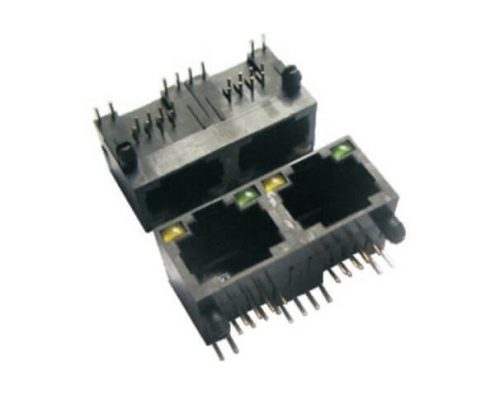 帶燈RJ45網絡插座1X2網口90度連接器8P8C黃綠燈非屏蔽
