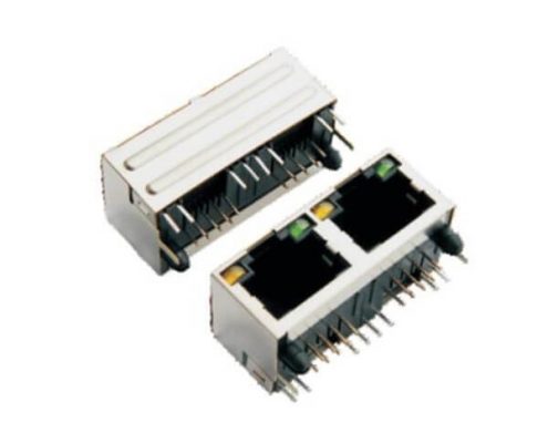 RJ45插座帶燈左黃右綠90度屏蔽雙口單層網絡連接器