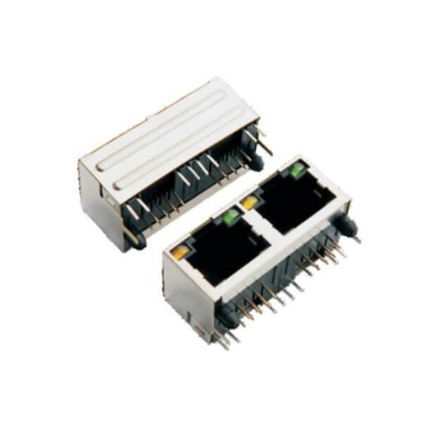 EB-500-7104_1 RJ45插座帶燈左黃右綠90度屏蔽雙口單層網絡連接器