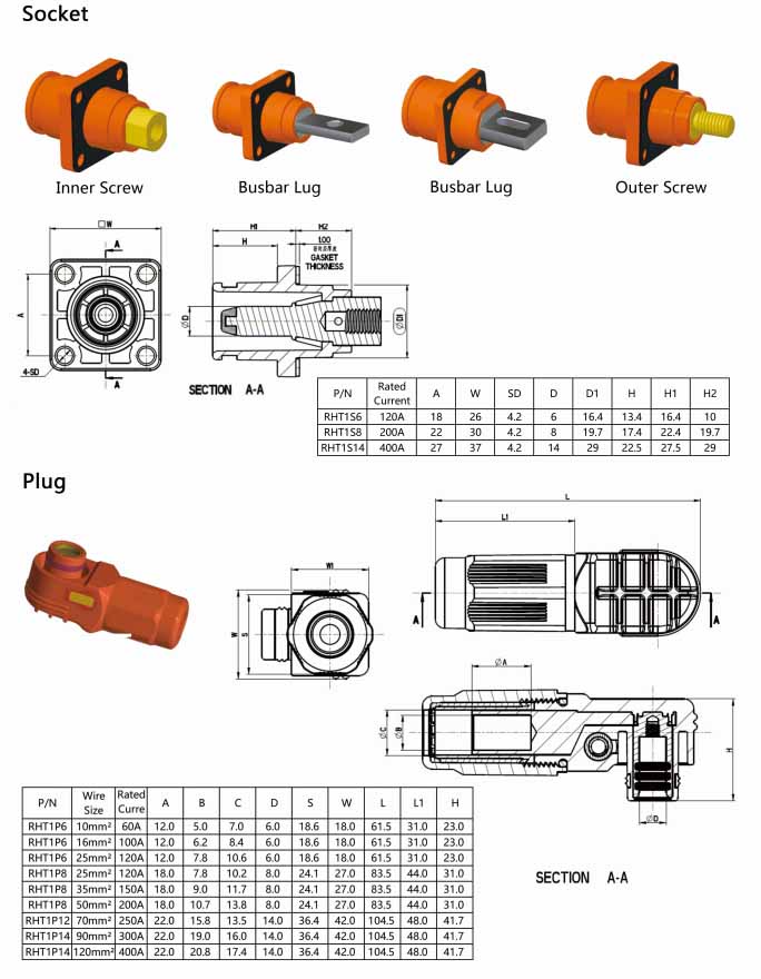 儲能高壓連接器彎式插頭和插座12mm紅色IP65 300A大電流連接器